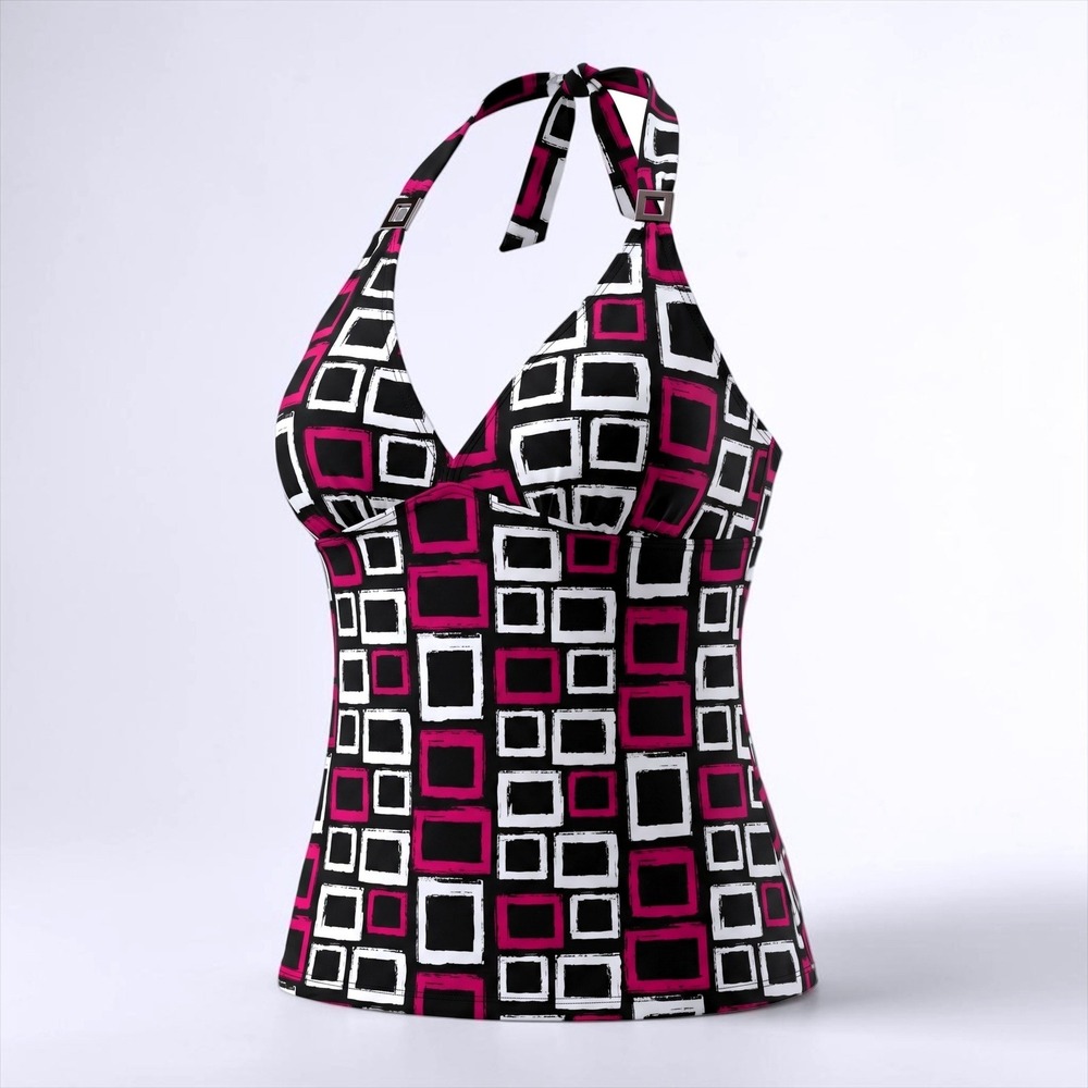 Apt 9 Womens Pink Black Geometric Halter Tankini Swim Top Size 14 RN75869
